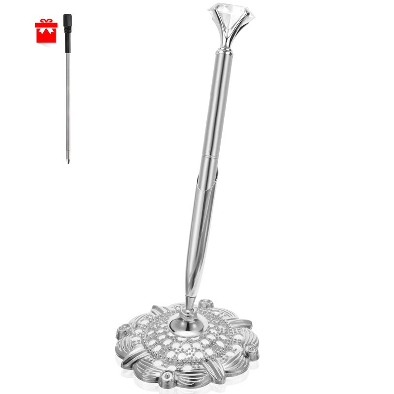 RUTICH Hollow Round Pen Holder Signing Pen Set with Big Diamond Crystal Pen for Wedding Bridal Opening Ceremony Graduation Office, Silver(Black Ink) - Image 1